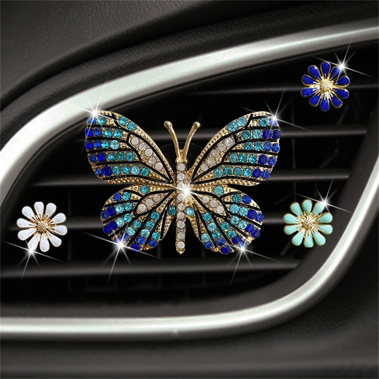 Rhinestone Butterfly And Daisy Car Air Freshener Clip