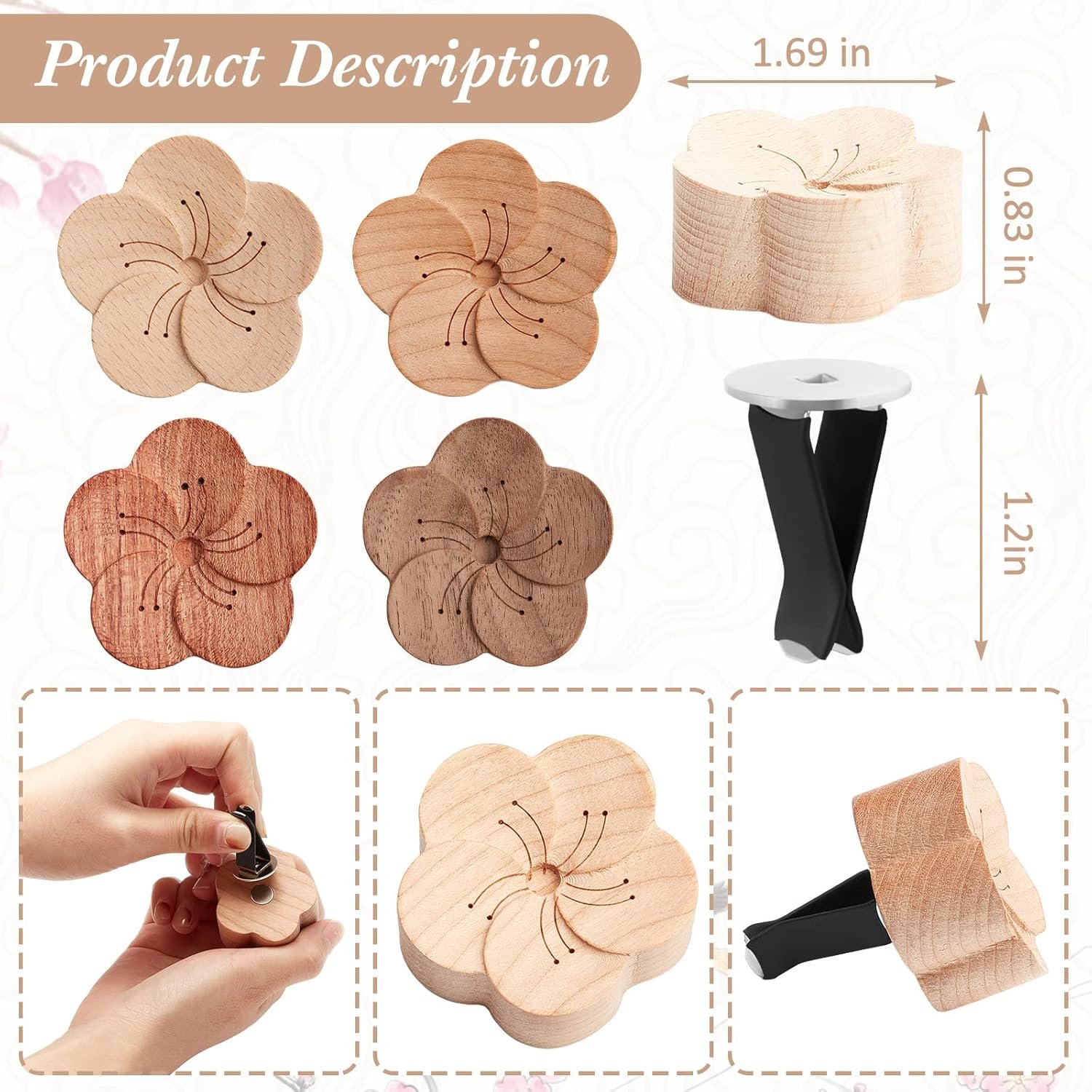 Wooden Flower-Shaped Car Air Freshener Diffuser Clip - Image 2