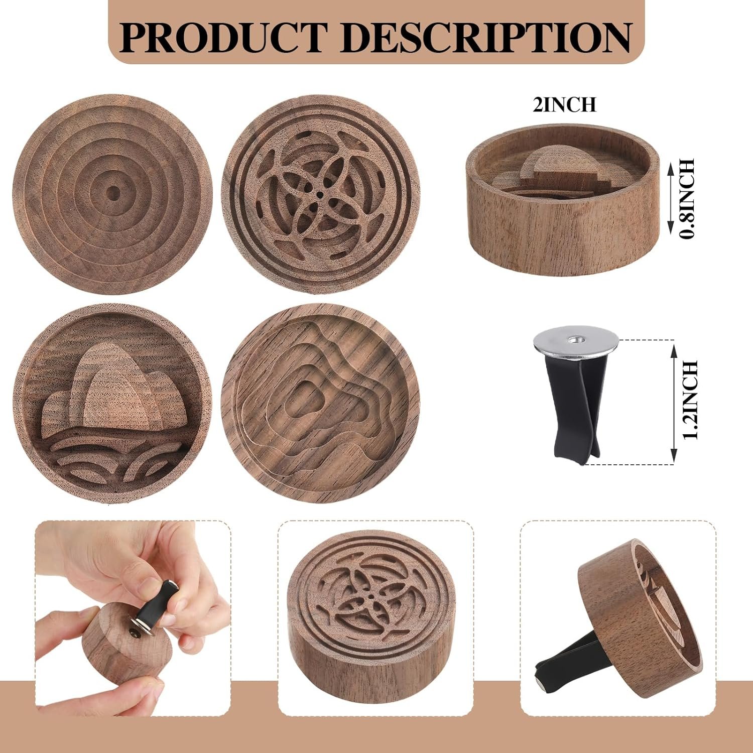 Round Walnut Wood Car Essential Oil Diffuser - Image 2